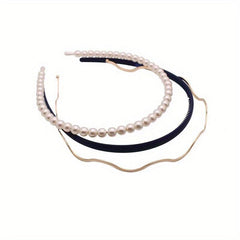 3pcs Faux Pearl Decor Headband Set, Matte Headdress Metal Hair Accessories