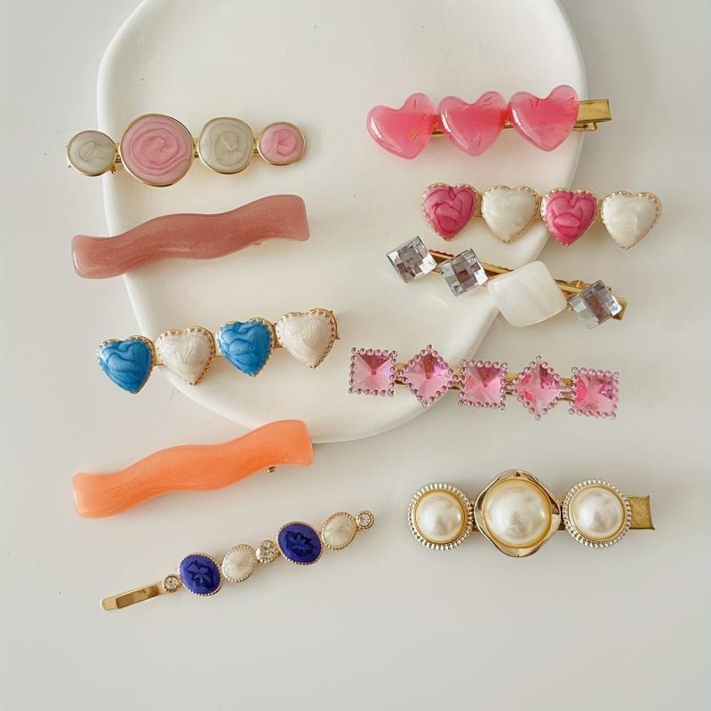 10pcs Colorful Heart Wavy Hair Clip Crystal Duck Billed Clip for Side Hair Bang