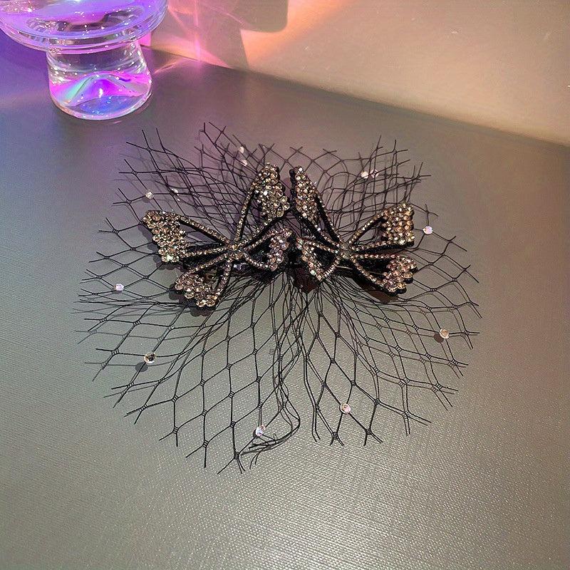 Rhinestone Bow Hair Clip with Yarn - Updo Hair Accessory