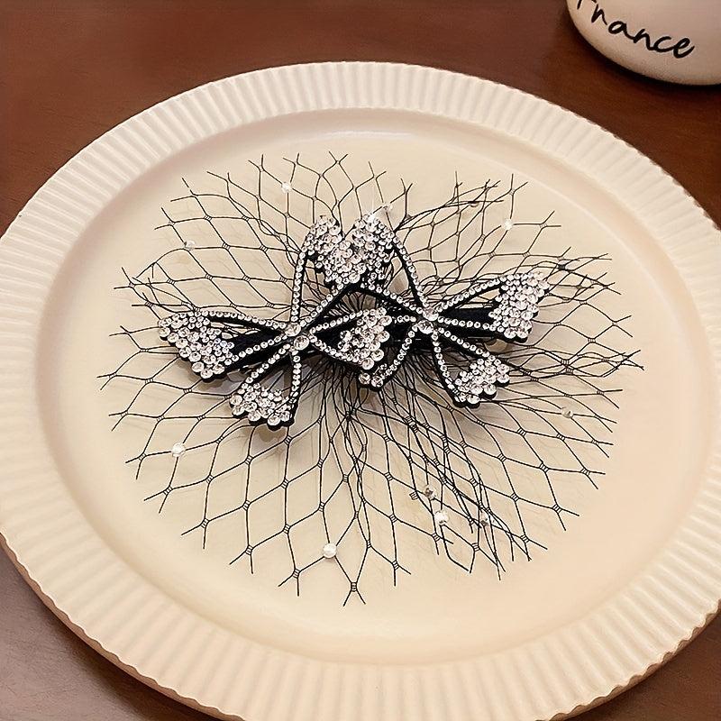 Rhinestone Bow Hair Clip with Yarn - Updo Hair Accessory