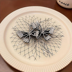 Rhinestone Bow Hair Clip with Yarn - Updo Hair Accessory