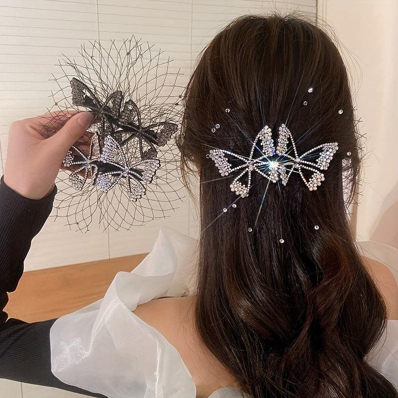 Rhinestone Bow Hair Clip with Yarn - Updo Hair Accessory