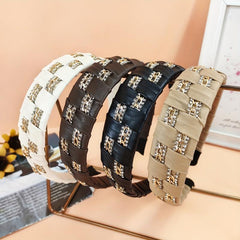 Rhinestone PU Leather Headband Wide Brim Headdress For Women