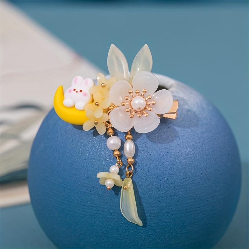 Ancient Style Flower Hair Clip with Moon and Rabbit Shape