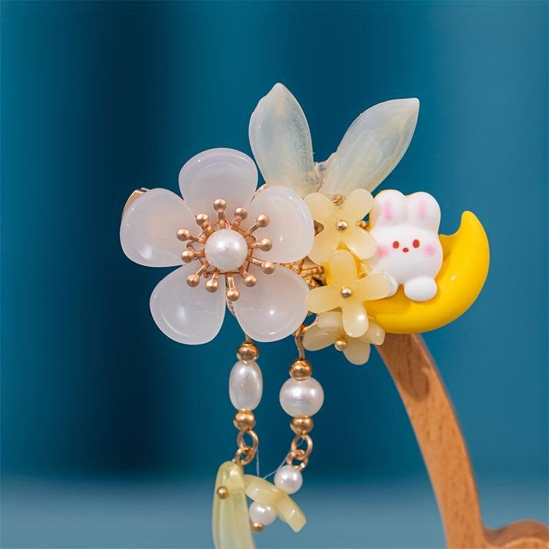 Ancient Style Flower Hair Clip with Moon and Rabbit Shape