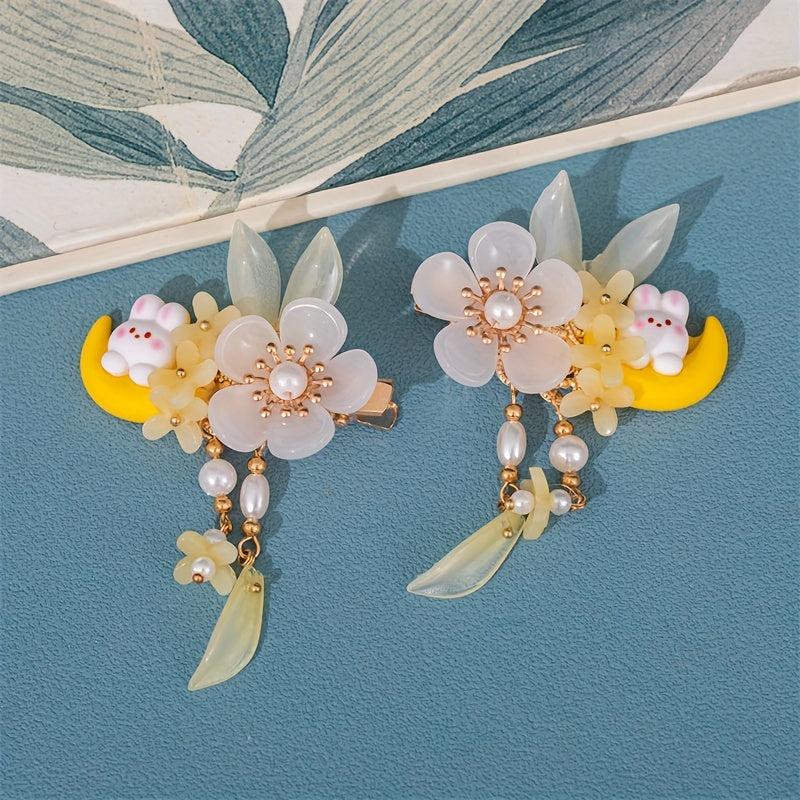 Ancient Style Flower Hair Clip with Moon and Rabbit Shape