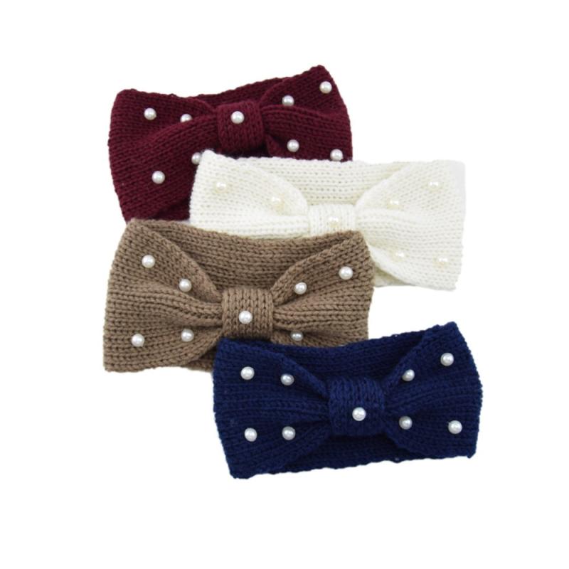 Faux Pearl Cross Knot Knitted Headband Elastic Winter Hair Accessory