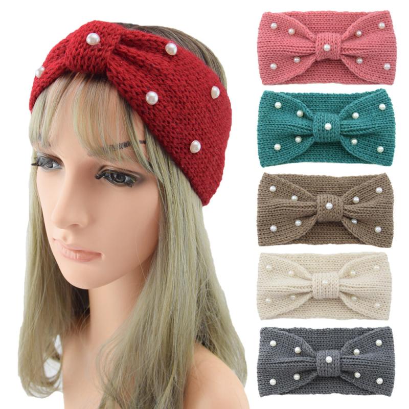 Faux Pearl Cross Knot Knitted Headband Elastic Winter Hair Accessory