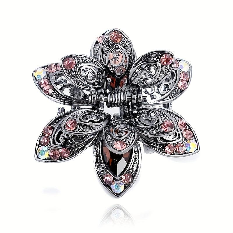 Vintage Rhinestone Flower Hair Claw Clip Crystal