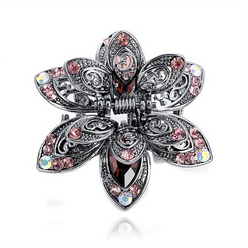 Vintage Rhinestone Flower Hair Claw Clip Crystal