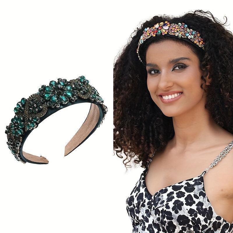 Crystal Vintage Headband Wide Brim Thicken Head Hoop Crystal Flower Hair Band