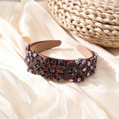 Crystal Vintage Headband Wide Brim Thicken Head Hoop Crystal Flower Hair Band