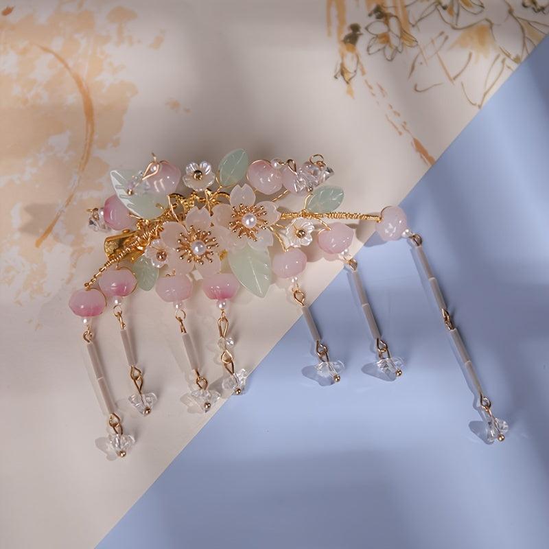 Peach Tassel Faux Pearl Hair Clip Vintage Cheongsam Hair Clip