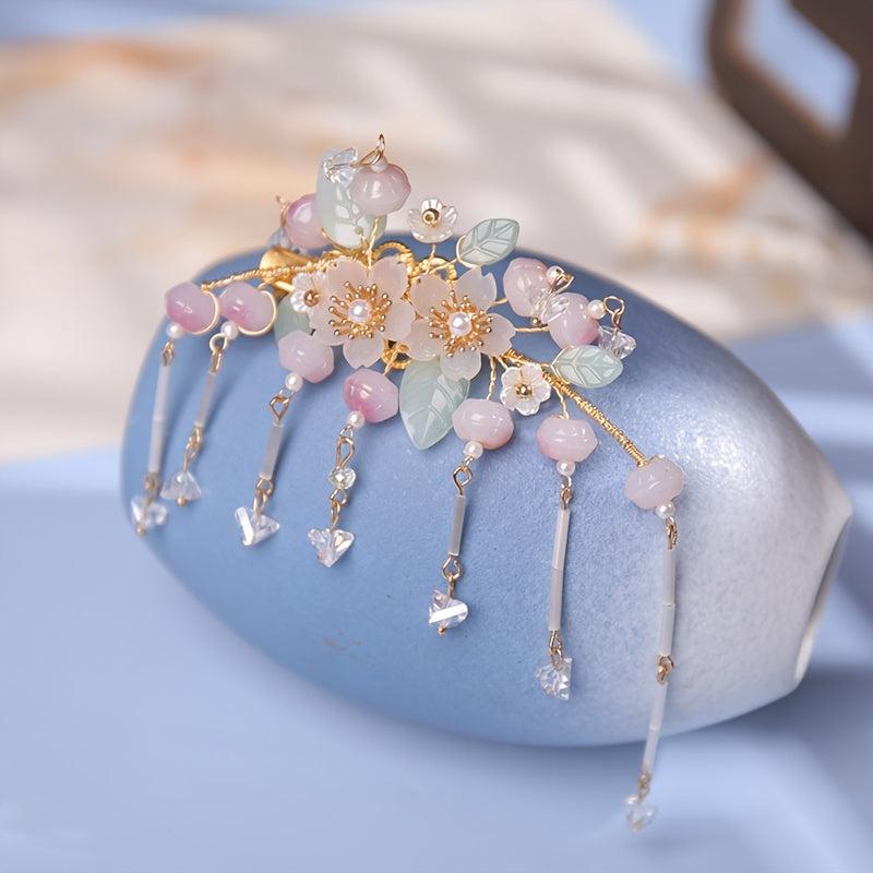 Peach Tassel Faux Pearl Hair Clip Vintage Cheongsam Hair Clip