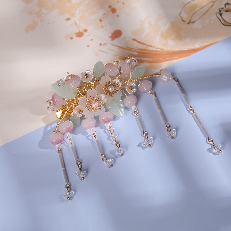 Peach Tassel Faux Pearl Hair Clip Vintage Cheongsam Hair Clip
