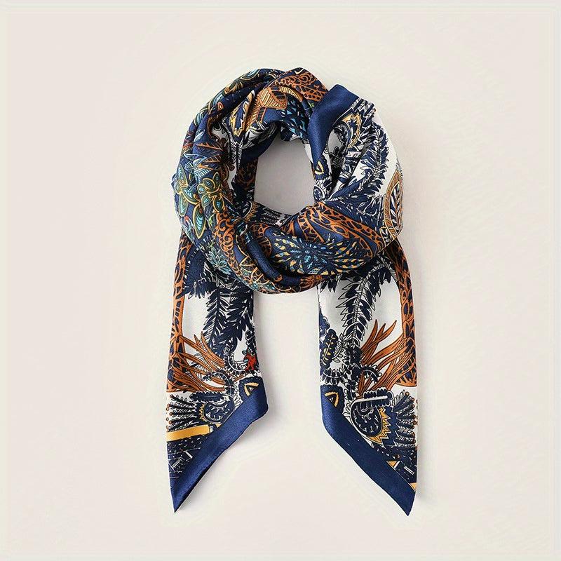 Floral Boho Style Neck Scarf Square Silky Scarf French Retro Style for Women