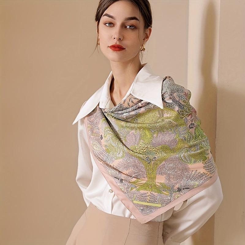 Floral Boho Style Neck Scarf Square Silky Scarf French Retro Style for Women