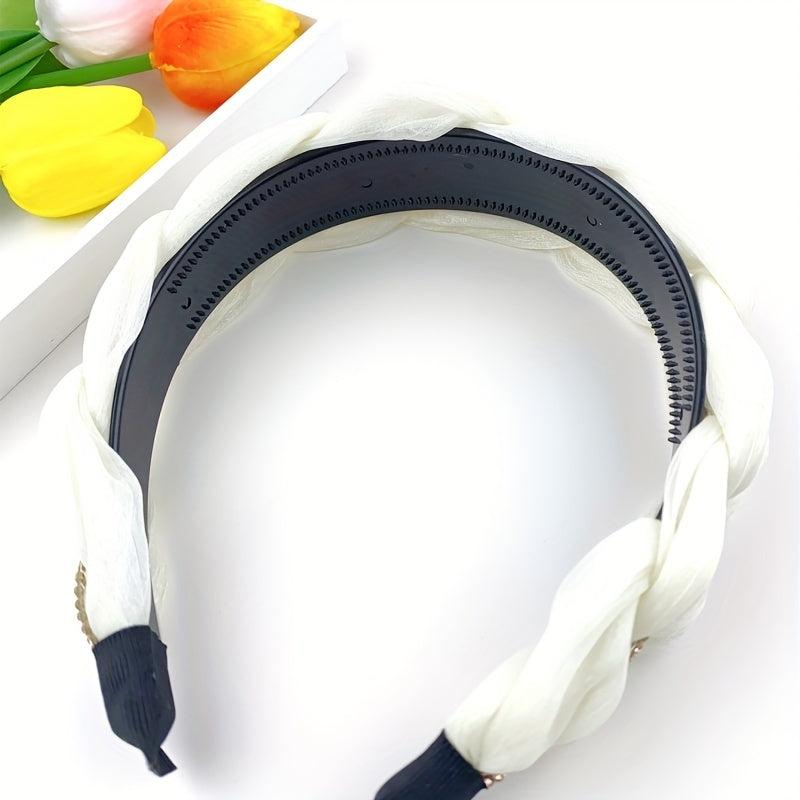 Braided Organza Headband Rhinestone Wide Headdress Hair Band