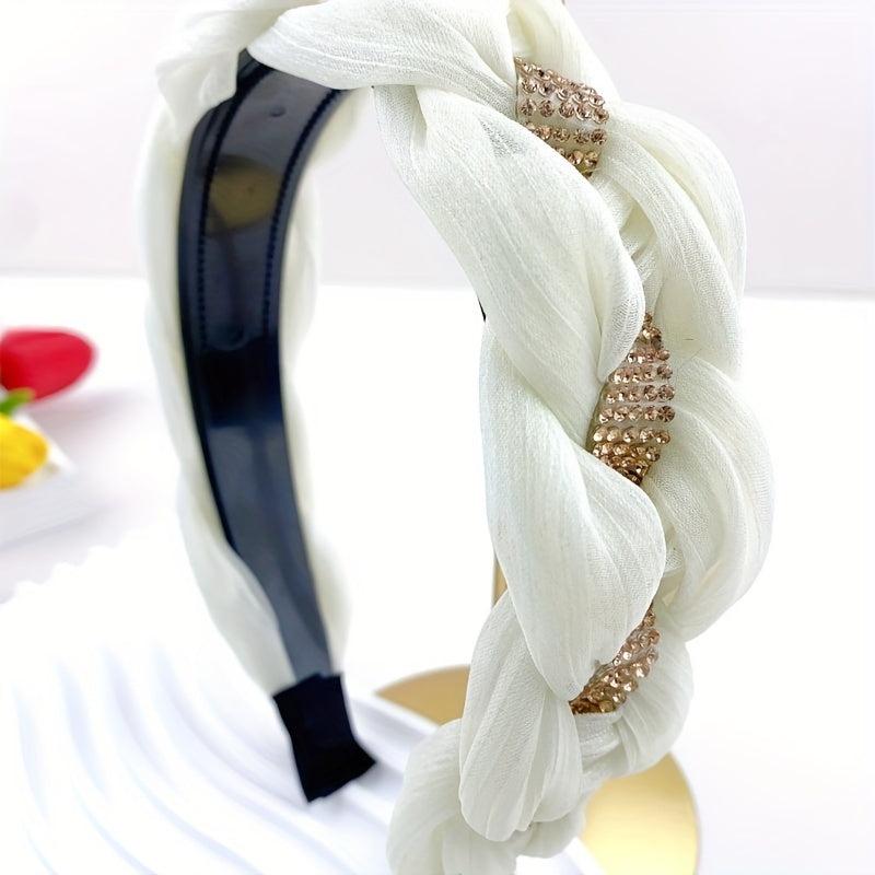 Braided Organza Headband Rhinestone Wide Headdress Hair Band