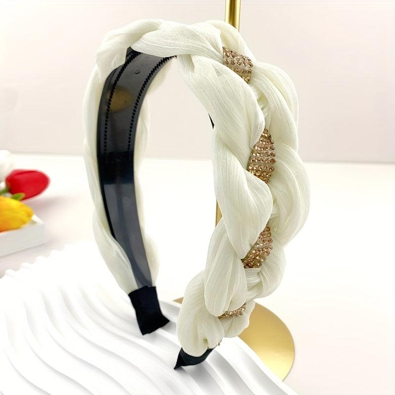 Braided Organza Headband Rhinestone Wide Headdress Hair Band