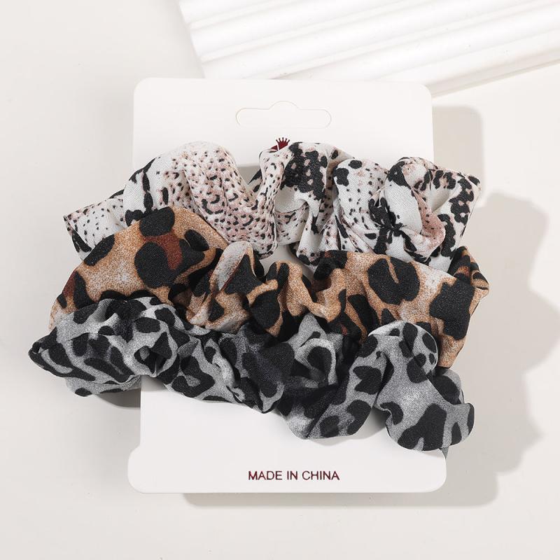 3pcs Satin Leopard Pattern Scrunchies Hair Tie Solid Ponytail Holder