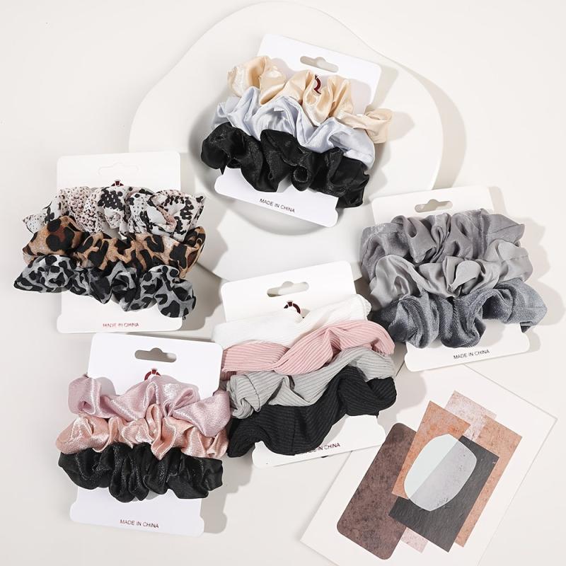3pcs Satin Leopard Pattern Scrunchies Hair Tie Solid Ponytail Holder