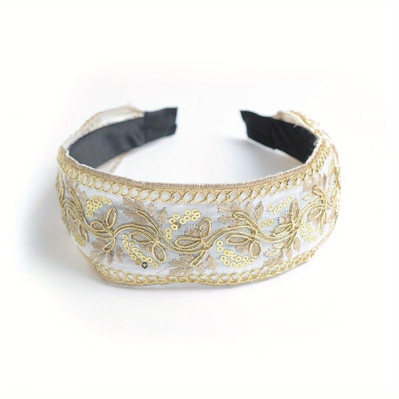 Chinese Style Headband Flower Leaf Berry Embroidery Wide Head Hoop