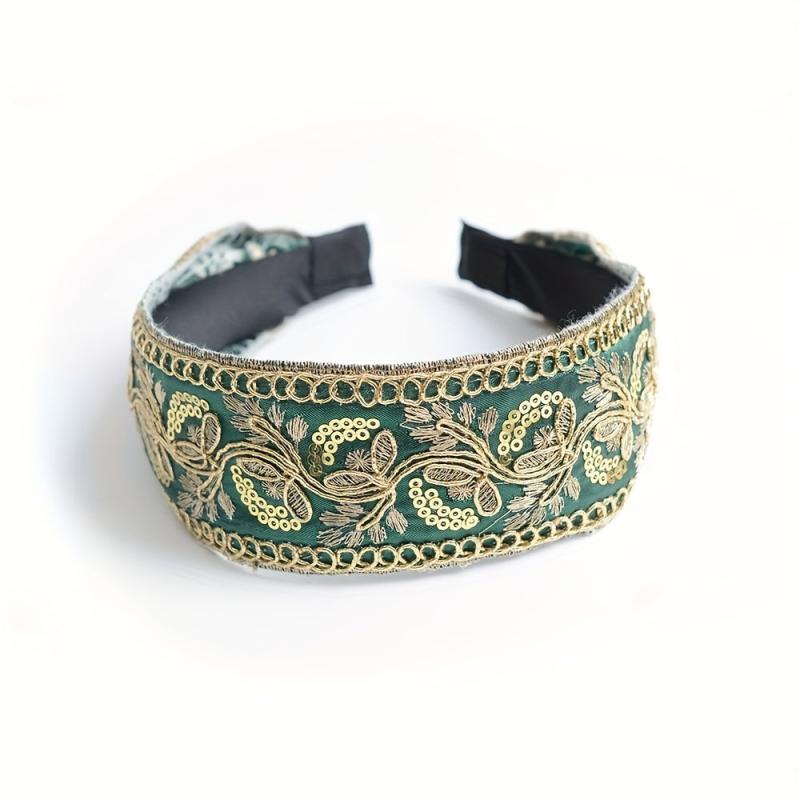 Chinese Style Headband Flower Leaf Berry Embroidery Wide Head Hoop