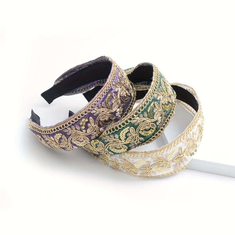 Chinese Style Headband Flower Leaf Berry Embroidery Wide Head Hoop