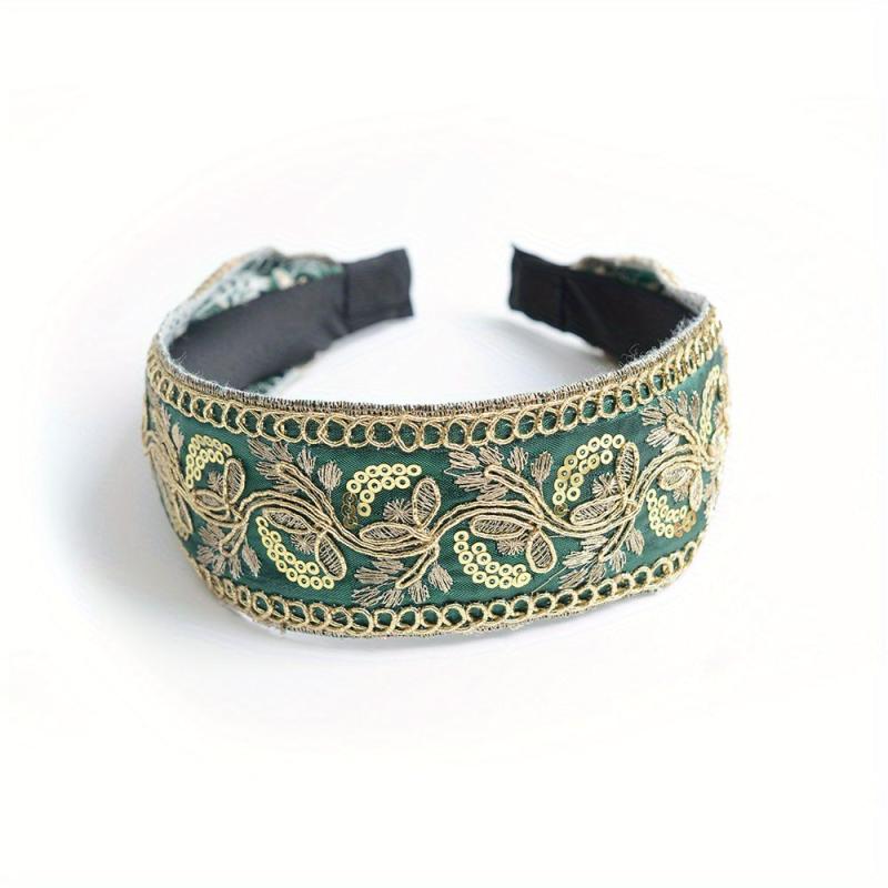 Chinese Style Headband Flower Leaf Berry Embroidery Wide Head Hoop