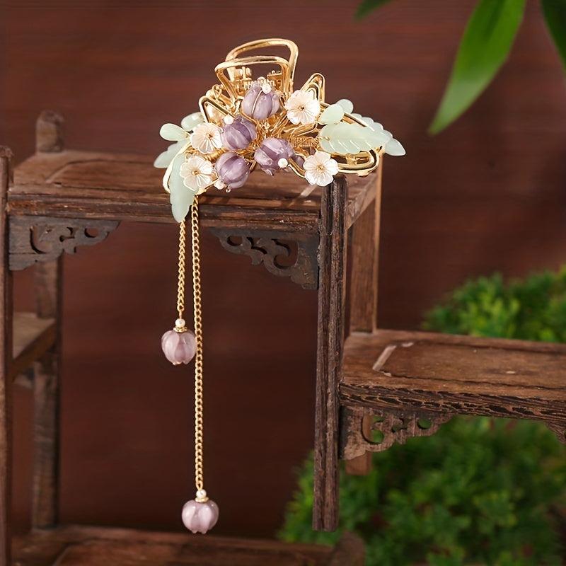 Chinese Style Flower Hair Claw With Tassel Ponytail Holder