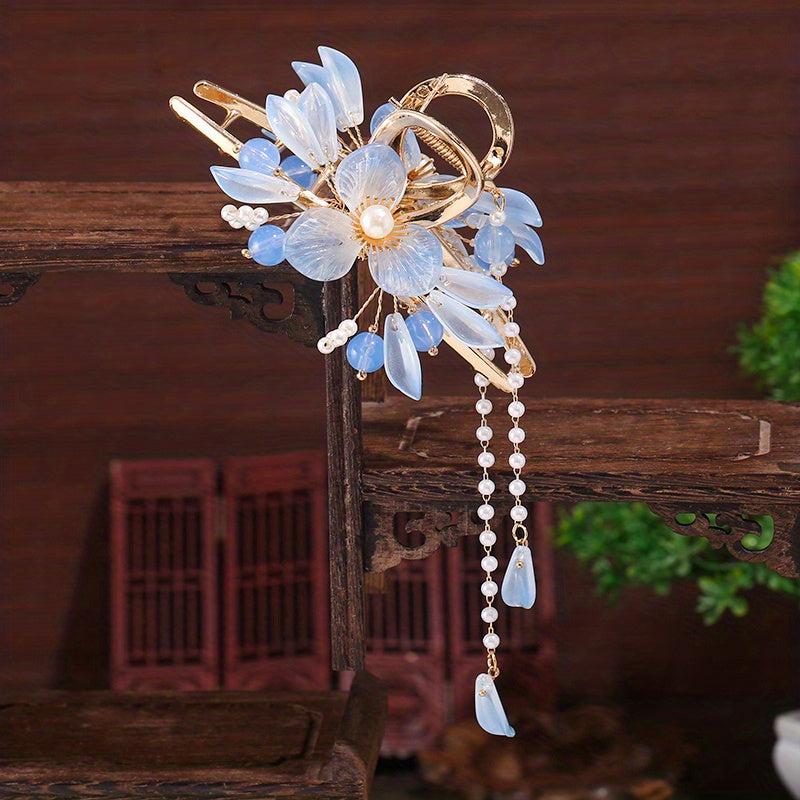 Chinese Style Flower Hair Claw With Tassel Ponytail Holder