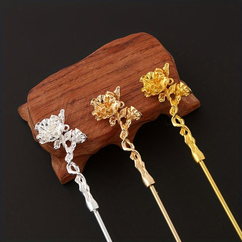 Camellia Flower Hair Pin Retro Hair Stick Metal Hair Bun Maker