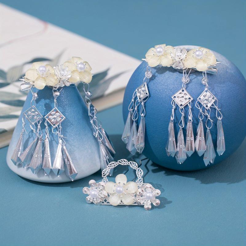 Ancient Style Headdress Silvery Hair Clip Set with Tassel