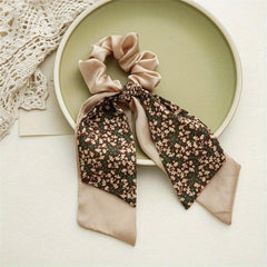 Flower Printed Ponytail Hair Band Double Layers Bowknot Hair Scrunchie