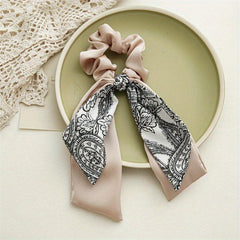 Flower Printed Ponytail Hair Band Double Layers Bowknot Hair Scrunchie