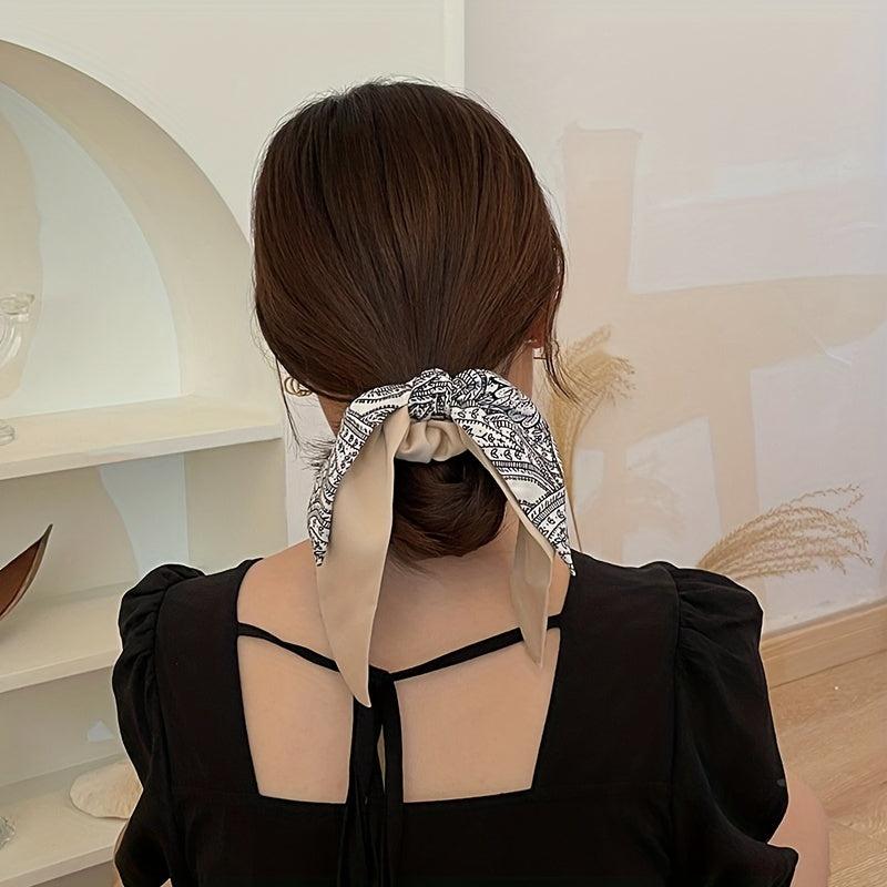 Flower Printed Ponytail Hair Band Double Layers Bowknot Hair Scrunchie