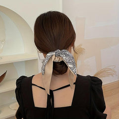 Flower Printed Ponytail Hair Band Double Layers Bowknot Hair Scrunchie