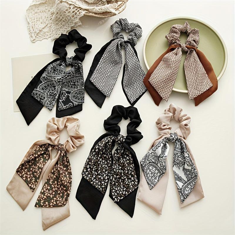 Flower Printed Ponytail Hair Band Double Layers Bowknot Hair Scrunchie