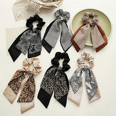 Flower Printed Ponytail Hair Band Double Layers Bowknot Hair Scrunchie
