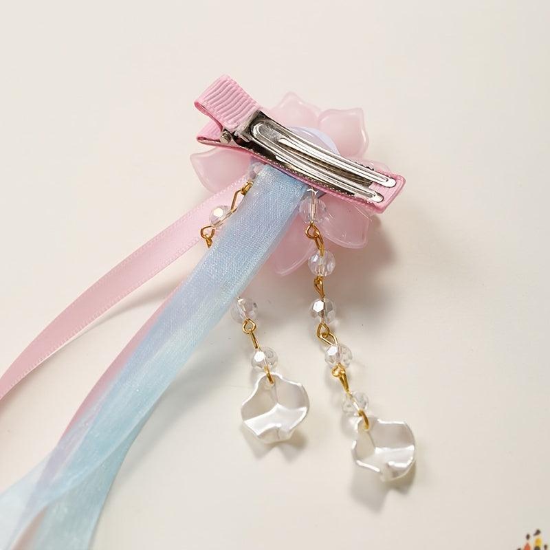 Vintage Pink Flower Streamer Hair Clip Cheongsam Hair Accessory