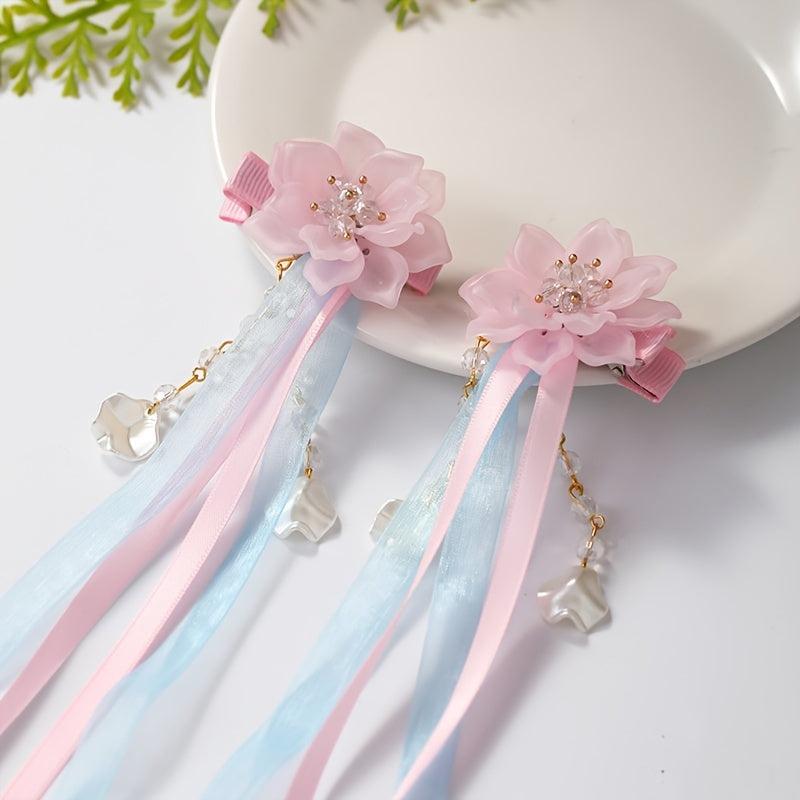 Vintage Pink Flower Streamer Hair Clip Cheongsam Hair Accessory