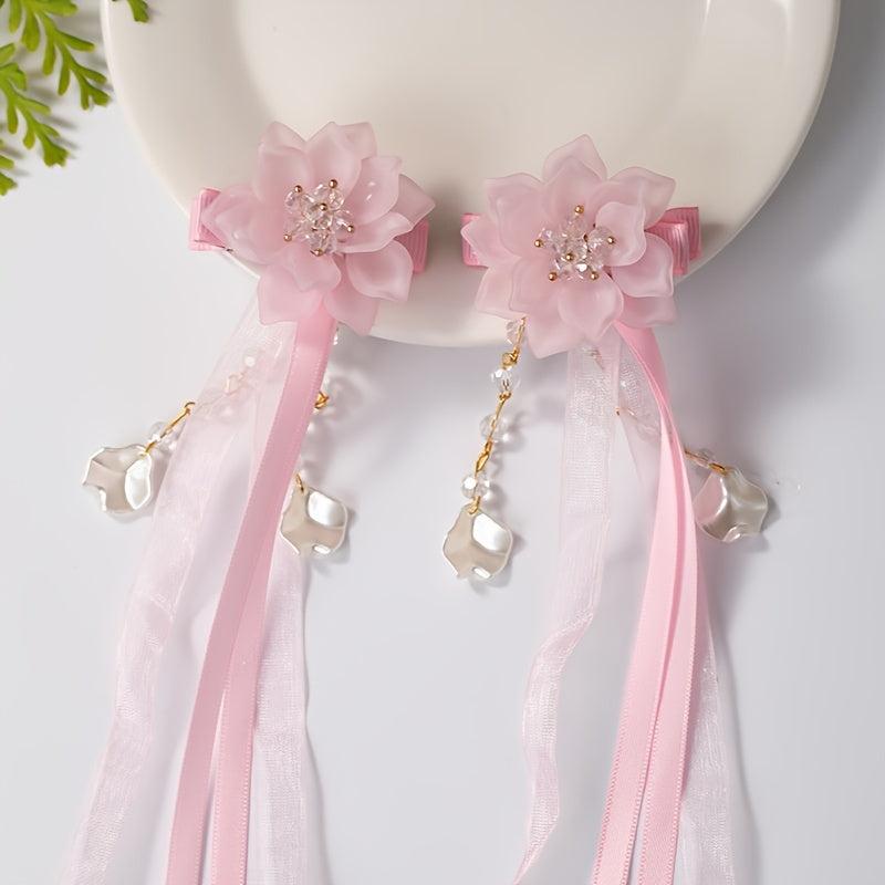 Vintage Pink Flower Streamer Hair Clip Cheongsam Hair Accessory