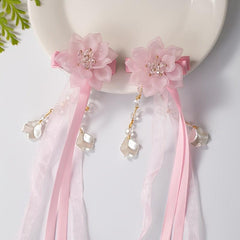 Vintage Pink Flower Streamer Hair Clip Cheongsam Hair Accessory