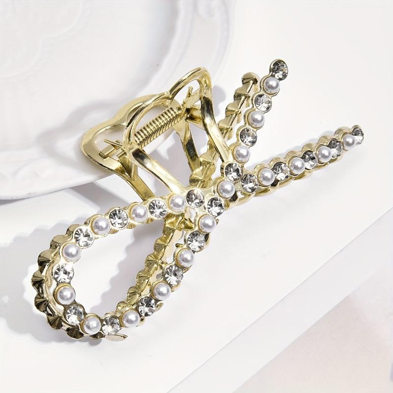 Rhinestone Pearl Bow Hair Claw Clip Golden Non Slip Strong Grip Hair Jaw Clip
