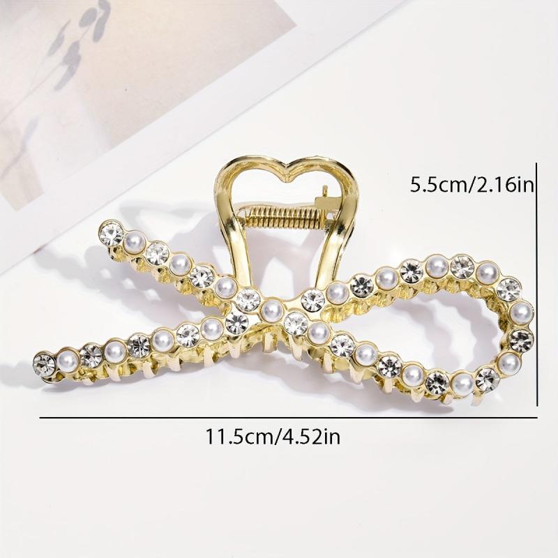 Rhinestone Pearl Bow Hair Claw Clip Golden Non Slip Strong Grip Hair Jaw Clip