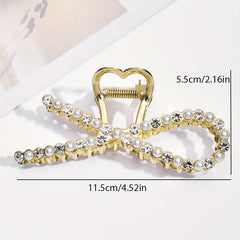 Rhinestone Pearl Bow Hair Claw Clip Golden Non Slip Strong Grip Hair Jaw Clip