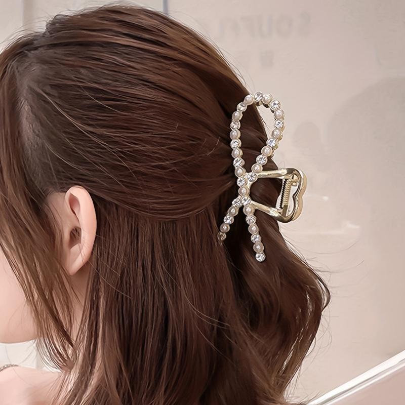 Rhinestone Pearl Bow Hair Claw Clip Golden Non Slip Strong Grip Hair Jaw Clip