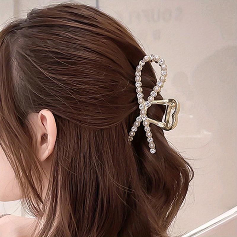 Rhinestone Pearl Bow Hair Claw Clip Golden Non Slip Strong Grip Hair Jaw Clip