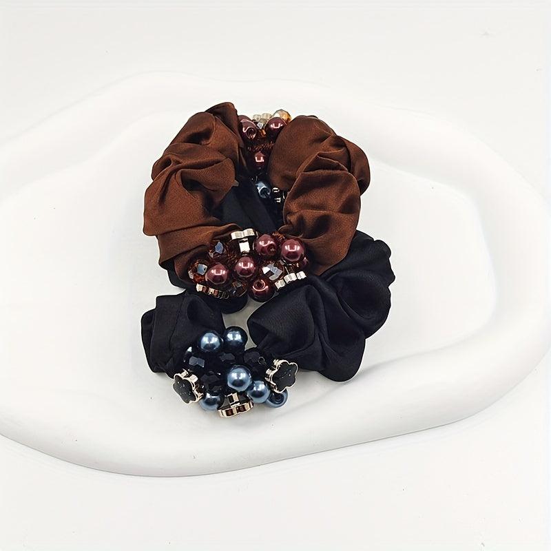 Faux Pearl Double Beaded Scrunchies Hair Tie Hair Rope Satin Ponytail